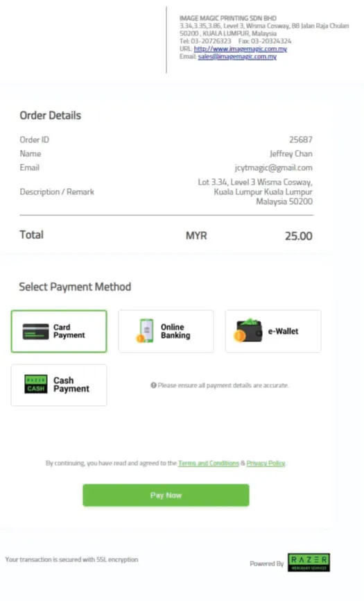 Image Magic 网上付款选项 Image Magic 结账页面示例,显示银行卡、网上银行、电子钱包和现金付款选项